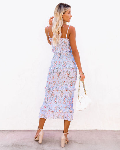 Be My Guest Floral Smocked Ruffle Midi Dress - Blue