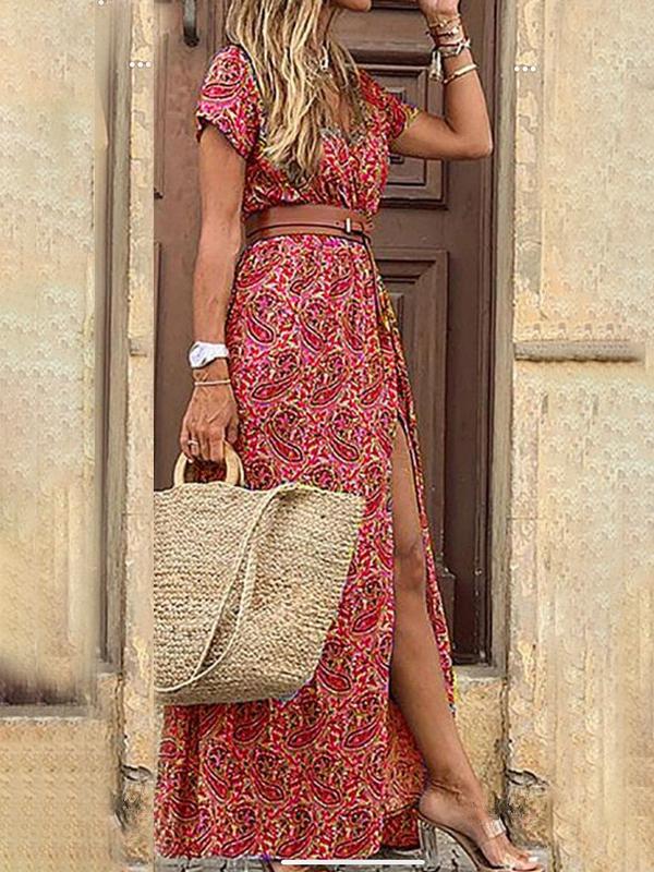 Bohemian Long Short Sleeve Printed V Neck Slit Dress ins