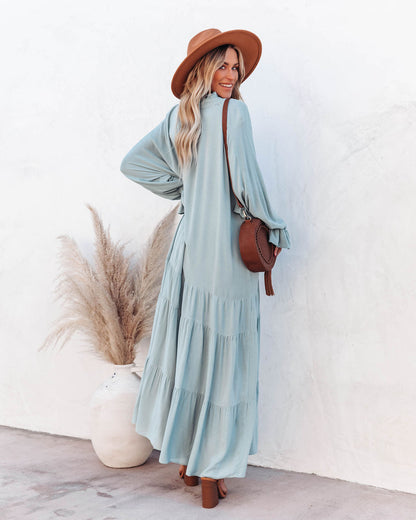 Bowdan Tiered Boho Maxi Dress - Soft Blue