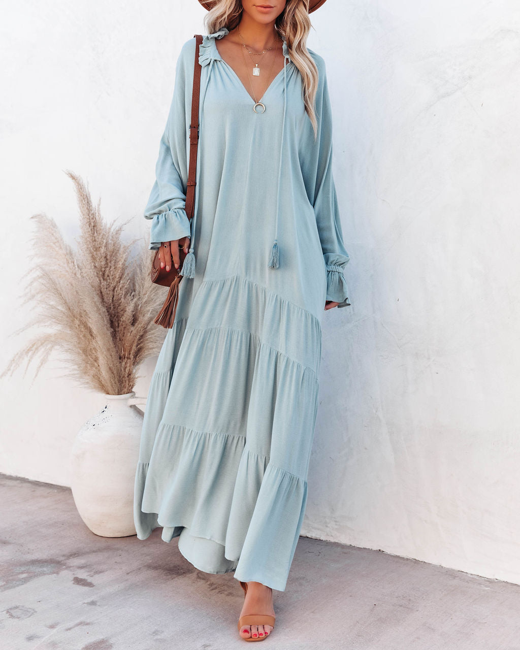 Bowdan Tiered Boho Maxi Dress - Soft Blue