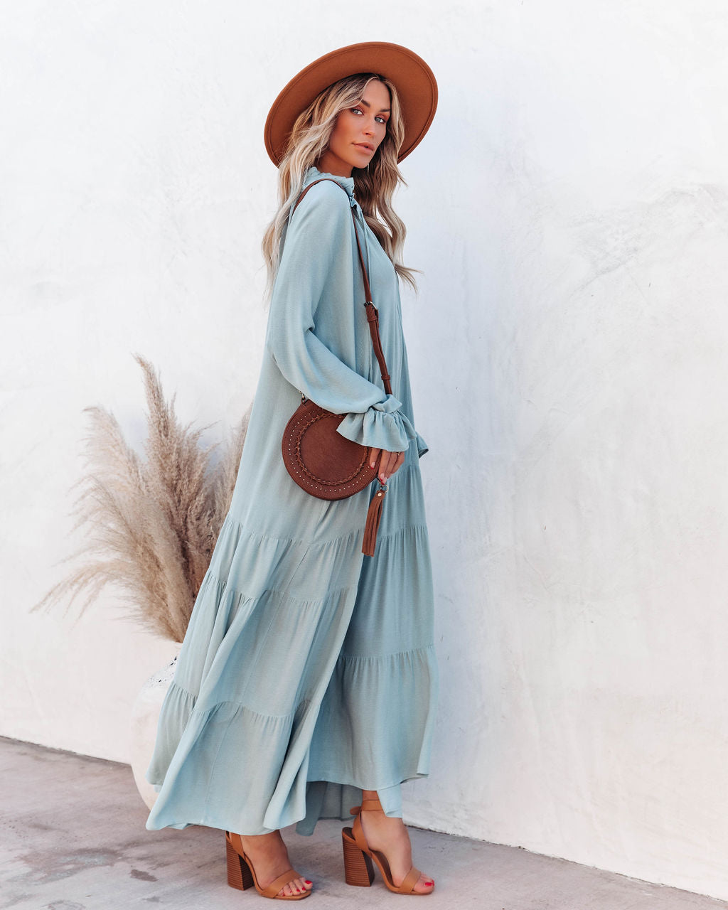 Bowdan Tiered Boho Maxi Dress - Soft Blue