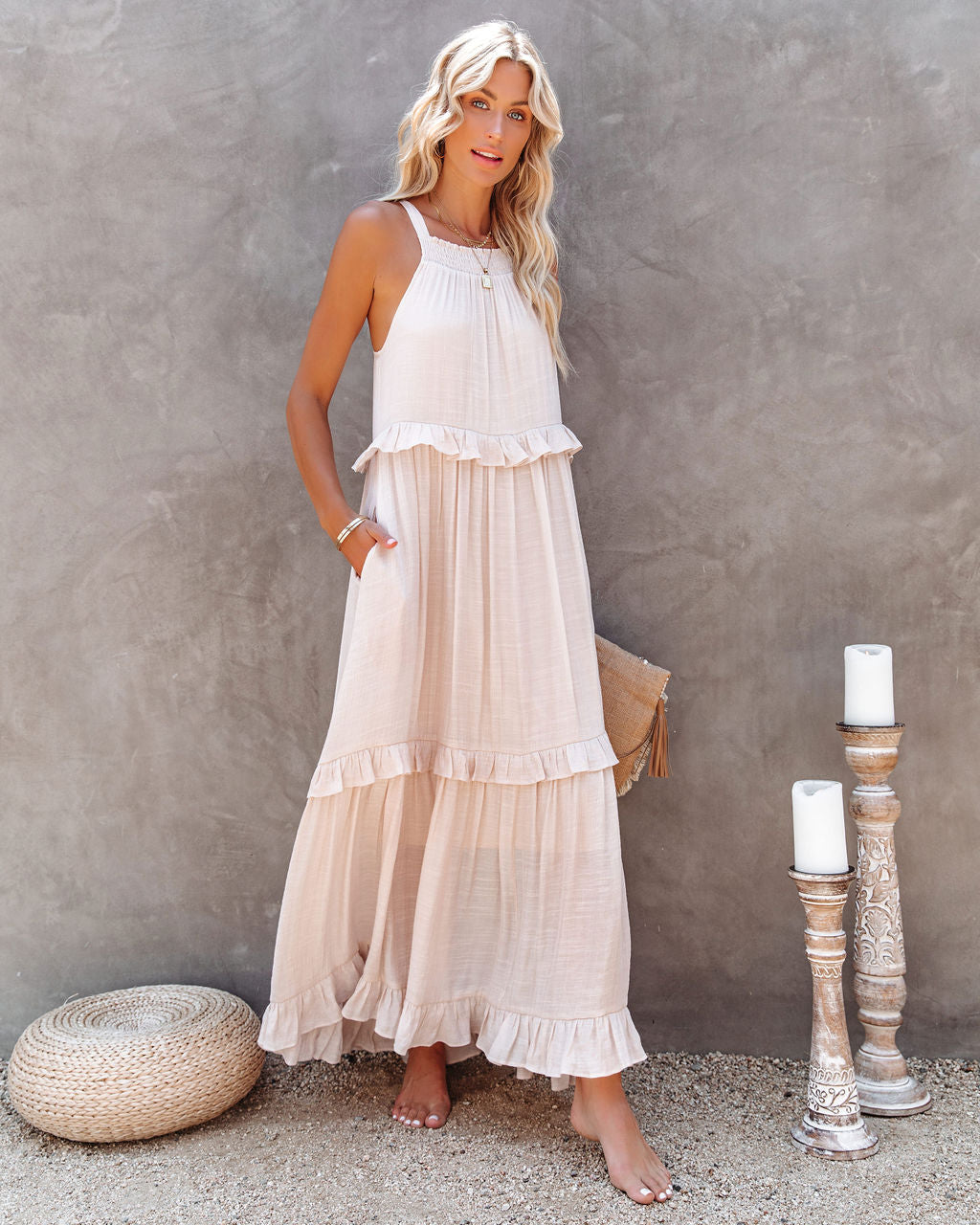 Brave Soul Pocketed Halter Maxi Dress - Champagne