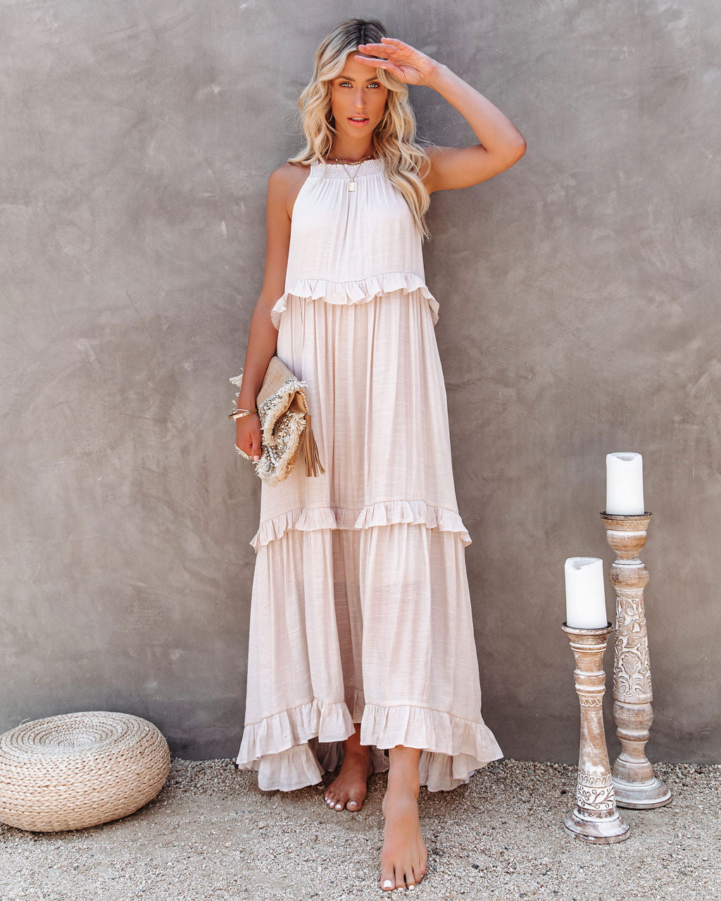 Brave Soul Pocketed Halter Maxi Dress - Champagne