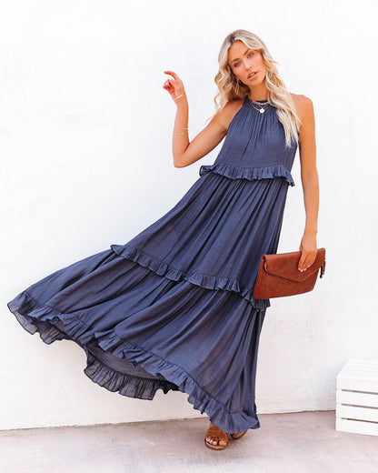 Brave Soul Pocketed Halter Maxi Dress - Navy