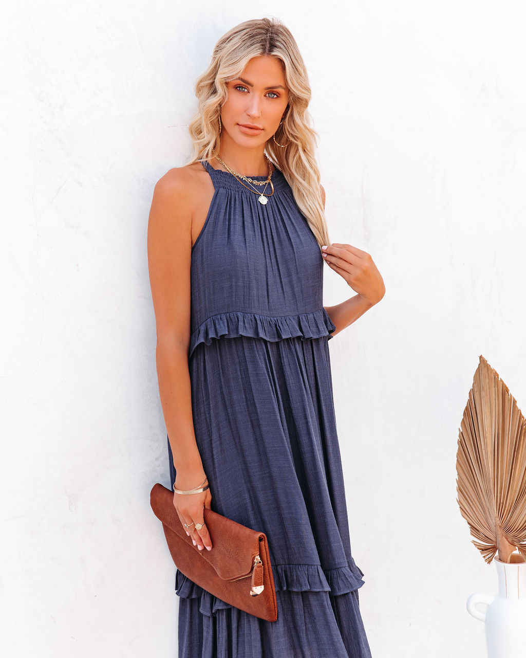 Brave Soul Pocketed Halter Maxi Dress - Navy