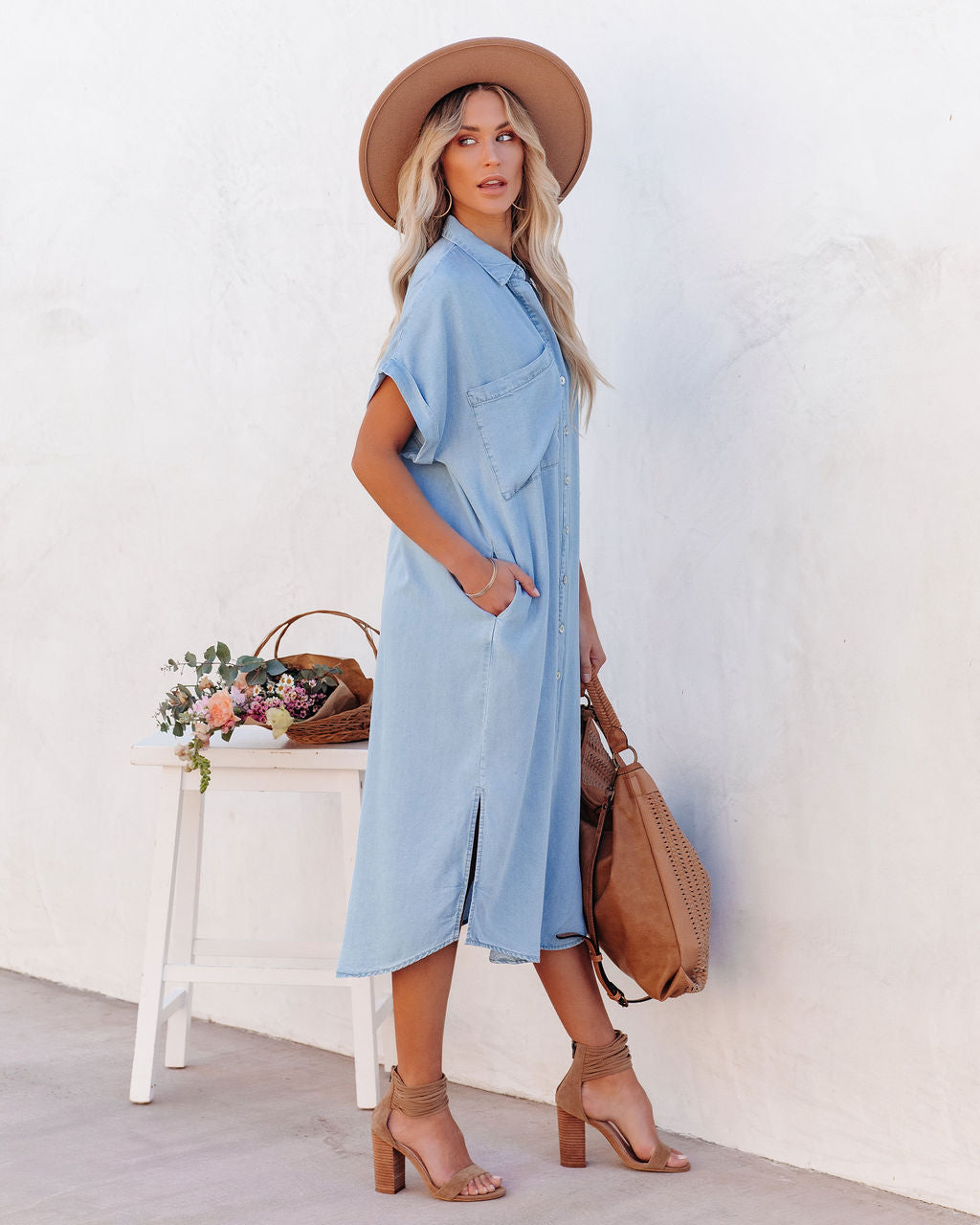 Briley Pocketed Tencel Button Down Midi Dress - Chambray