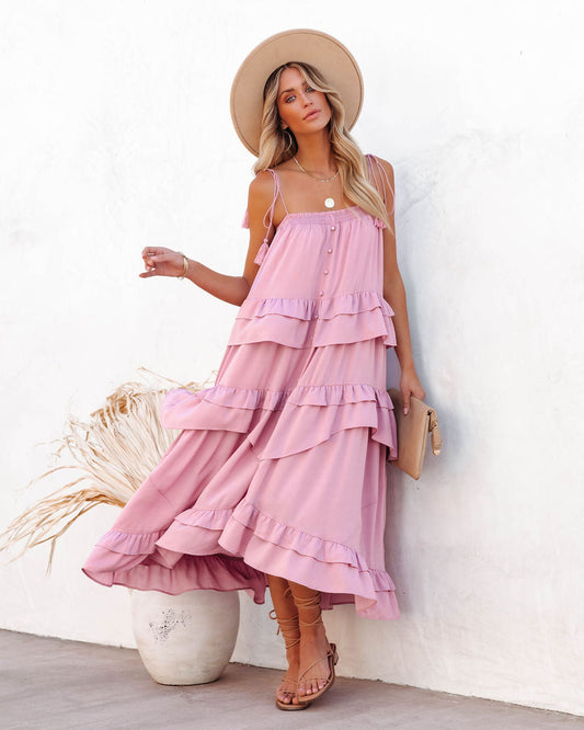 Brisbane Tiered Tassel Midi Dress - Mauve