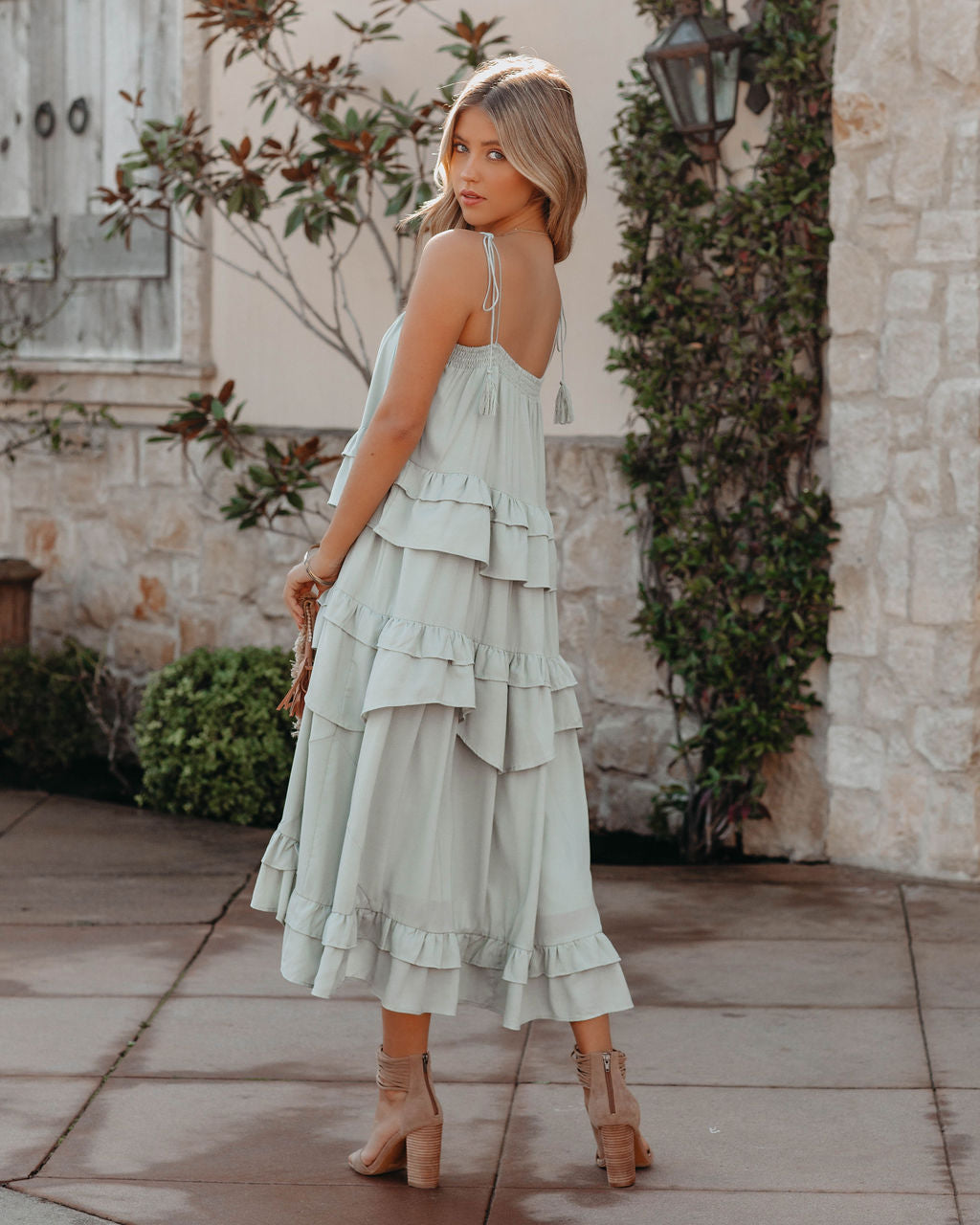 Brisbane Tiered Tassel Midi Dress - Sage