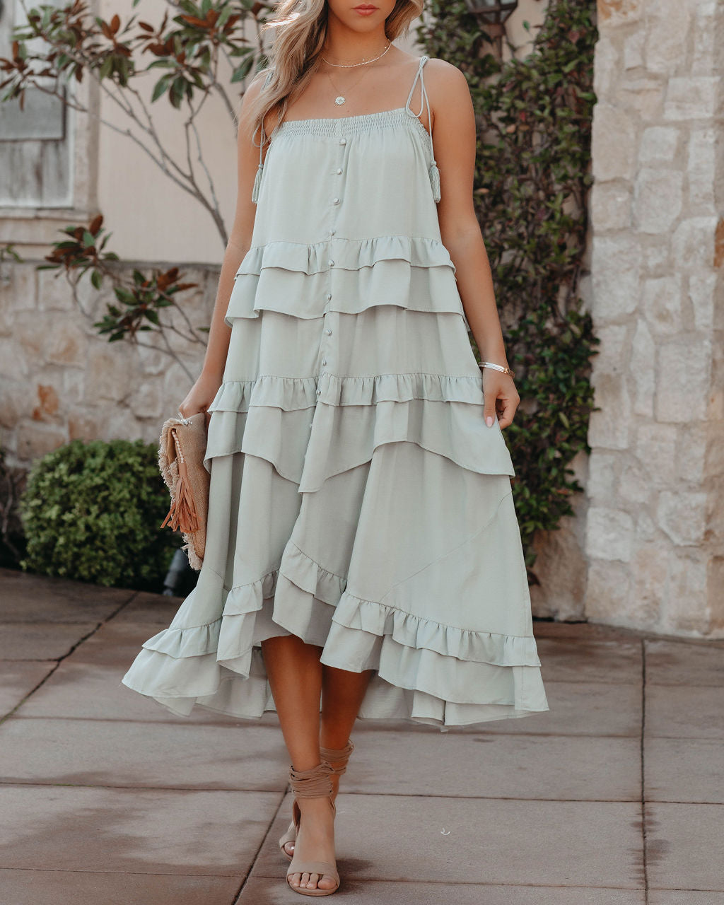 Brisbane Tiered Tassel Midi Dress - Sage