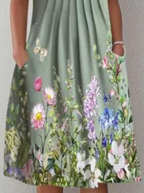 Casual Floral Round Neck Mid-length Straight Dress