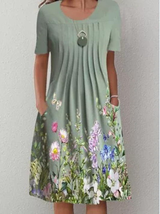 Casual Floral Round Neck Mid-length Straight Dress ins