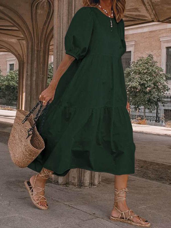 Casual Puff Sleeve Round Neck Bohemian Dress ins