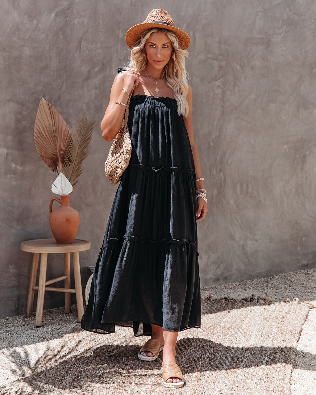 Catch The Sun Tiered Midi Dress - Black