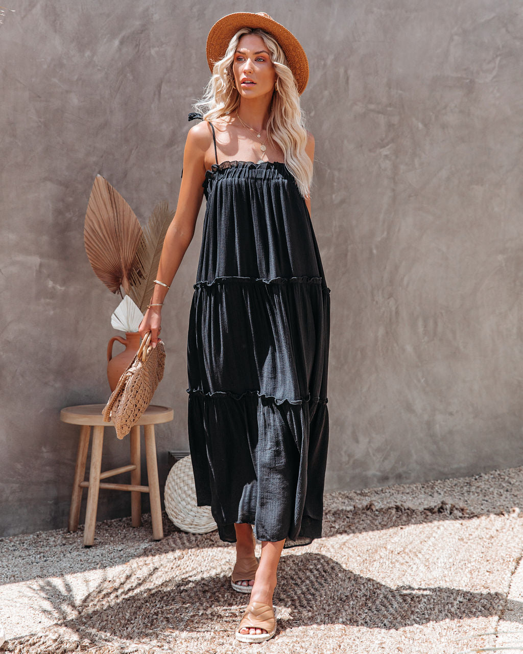 Catch The Sun Tiered Midi Dress - Black