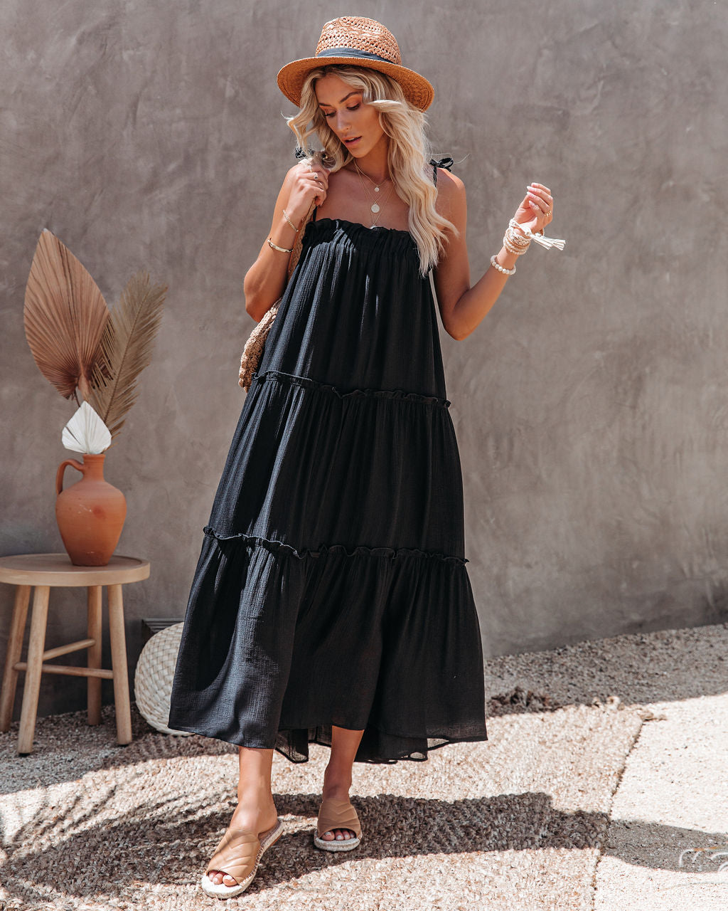 Catch The Sun Tiered Midi Dress - Black