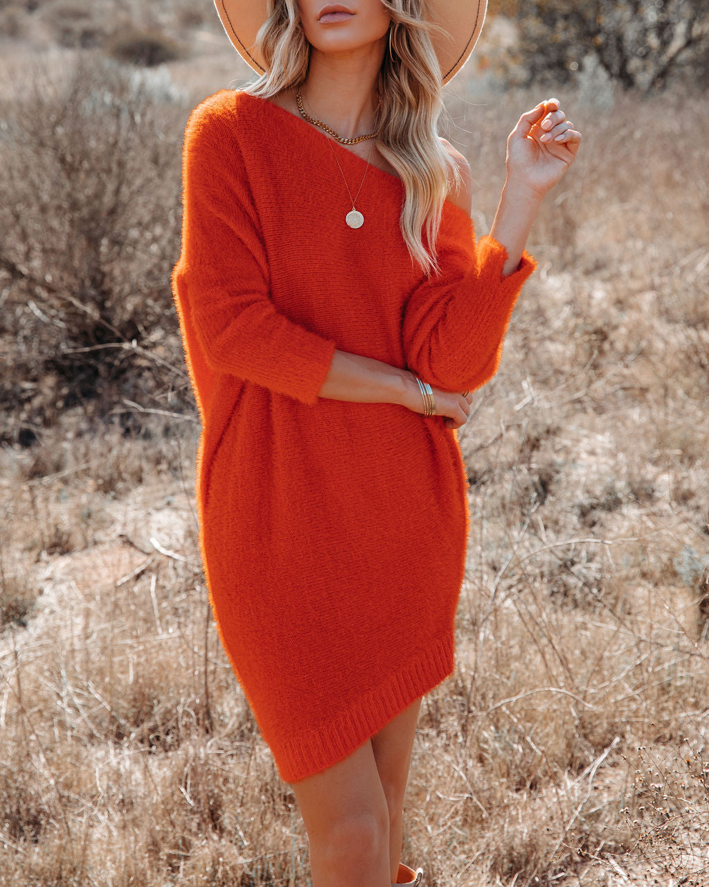 Cecelia Asymmetrical Knit Sweater Dress - Red Orange - FINAL SALE