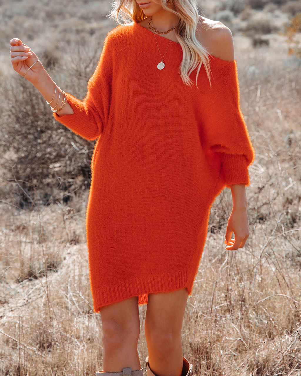 Cecelia Asymmetrical Knit Sweater Dress - Red Orange - FINAL SALE