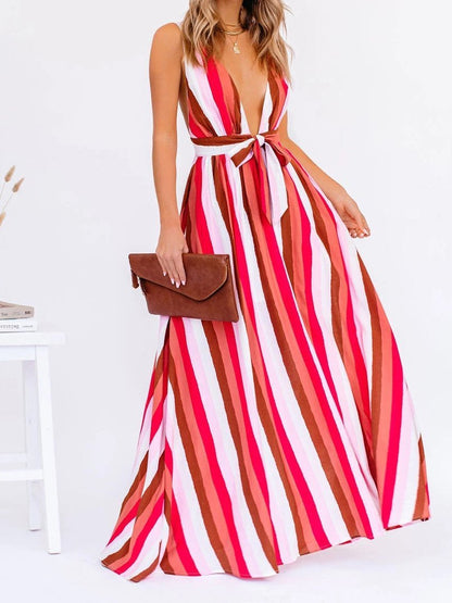 Deep V Striped Suspender Casual Dress