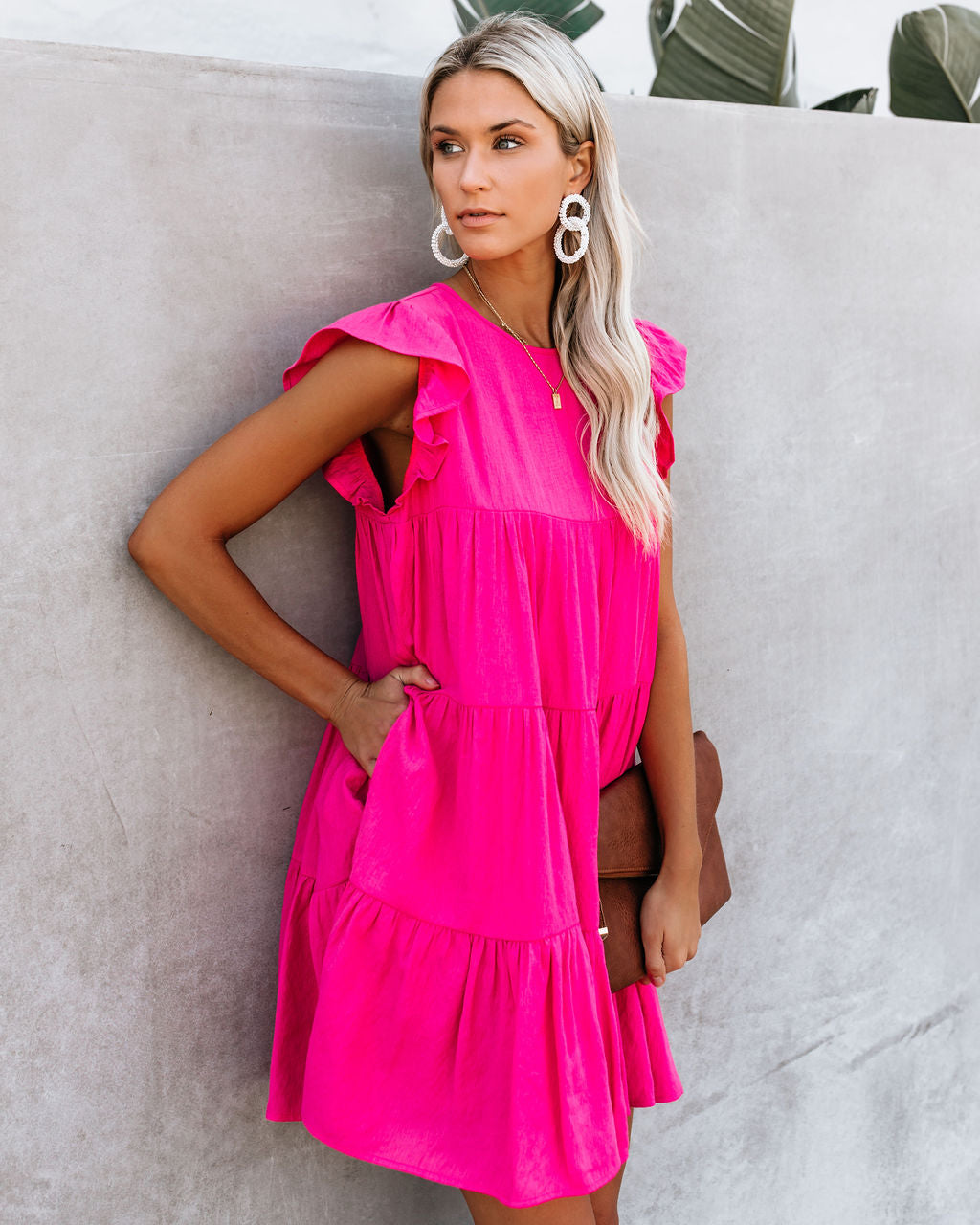 East Coast Pocketed Tiered Babydoll Dress - Fuchsia