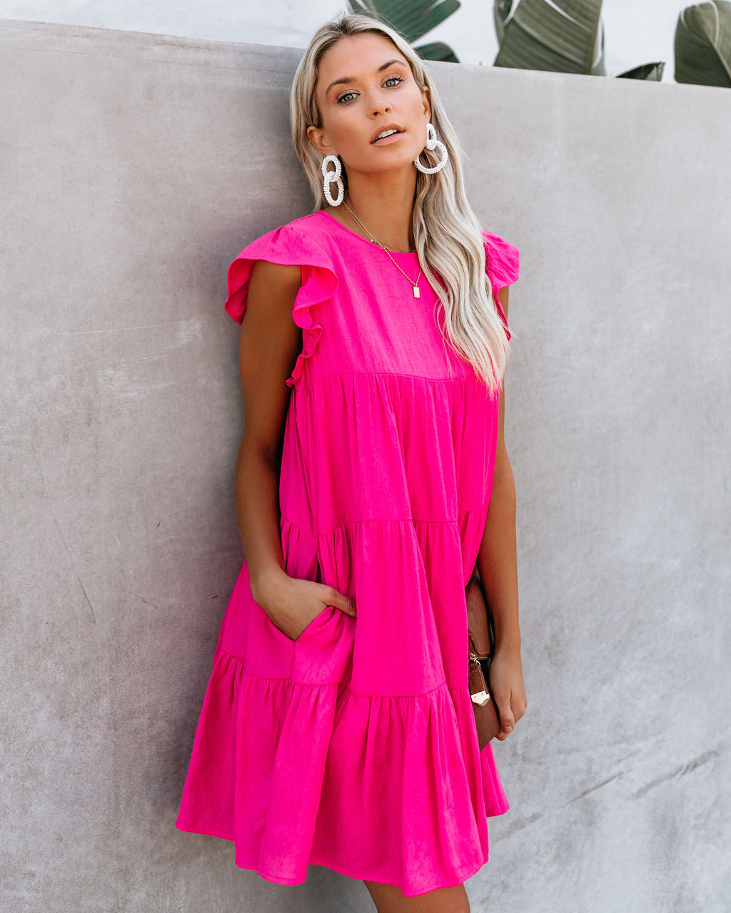 East Coast Pocketed Tiered Babydoll Dress - Fuchsia