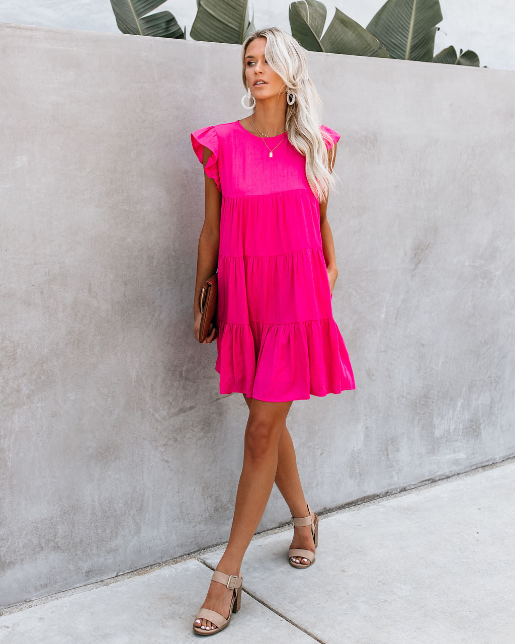 East Coast Pocketed Tiered Babydoll Dress - Fuchsia