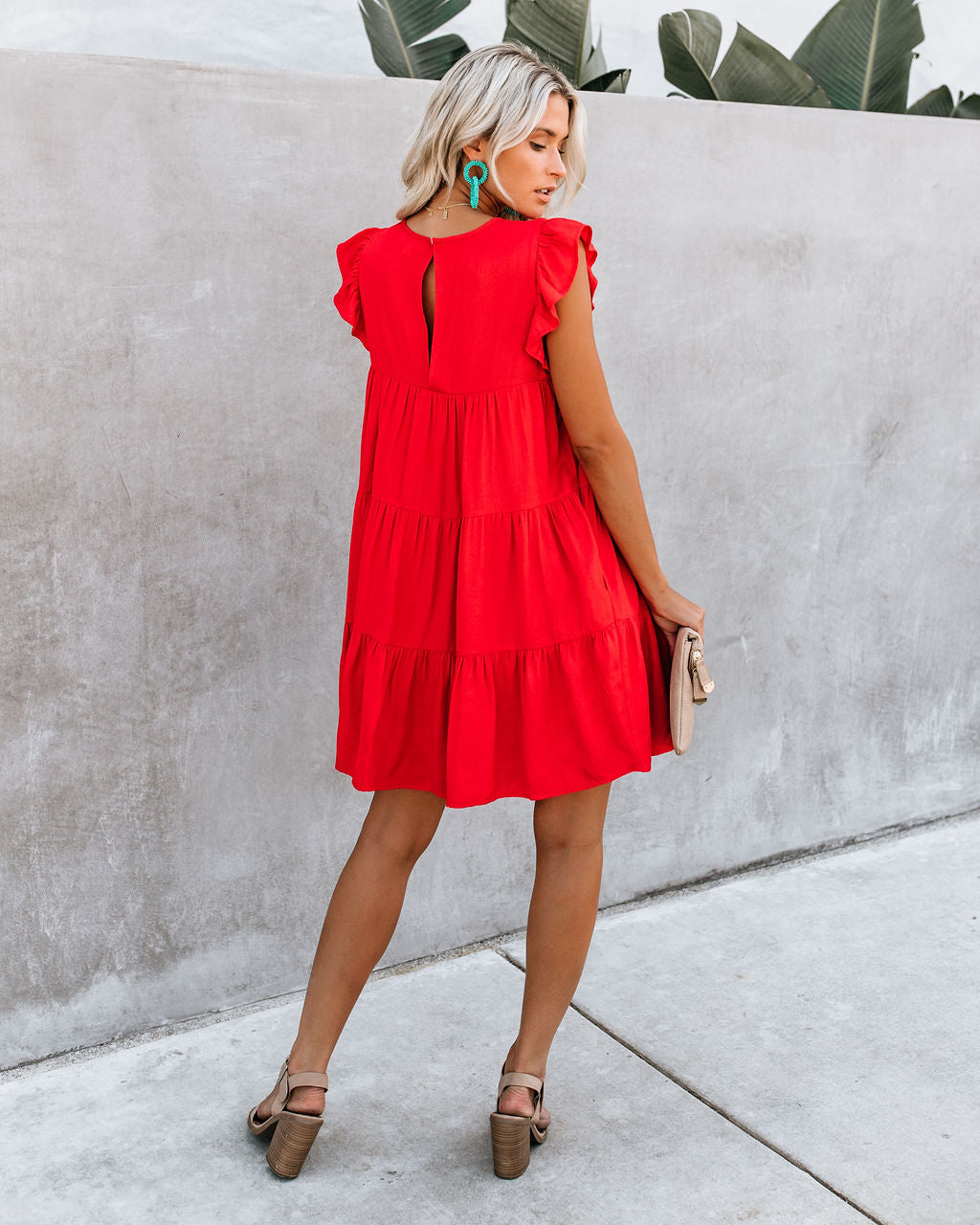 East Coast Pocketed Tiered Babydoll Dress - Red