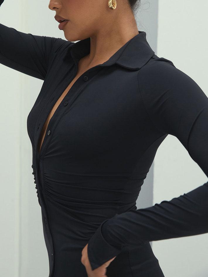 Pleated V-neck Long-sleeved Bodycon Dress