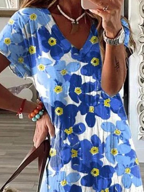 Flower Print V-Neck Short Sleeve Split Dress