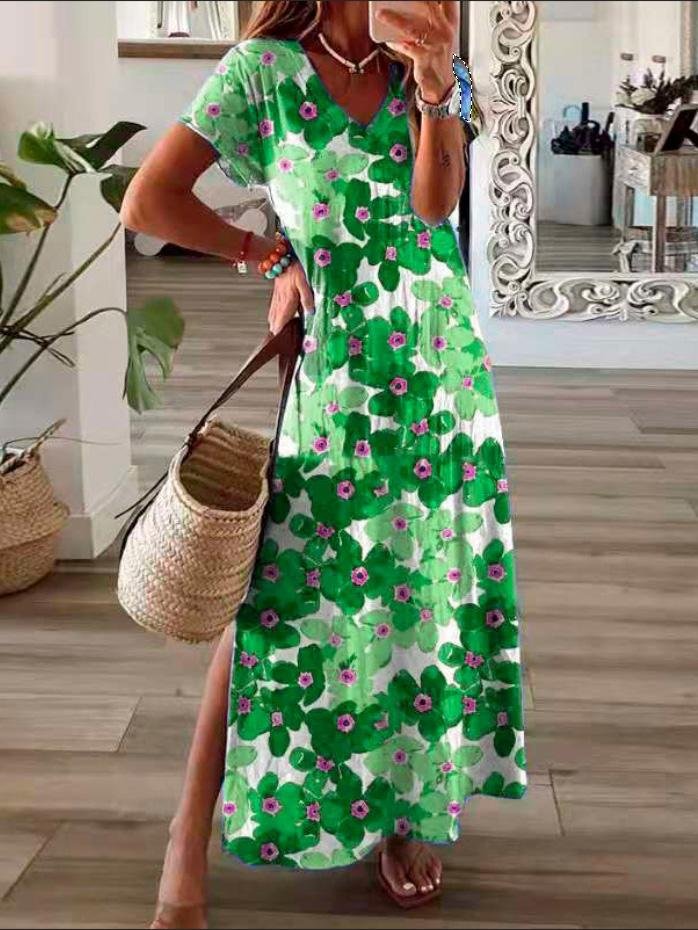 Flower Print V-Neck Short Sleeve Split Dress ins