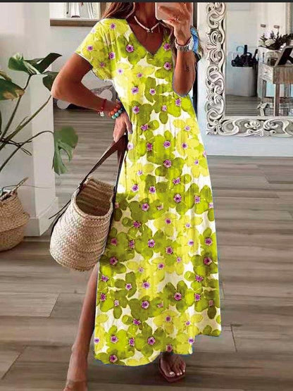 Flower Print V-Neck Short Sleeve Split Dress ins