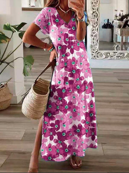 Flower Print V-Neck Short Sleeve Split Dress ins