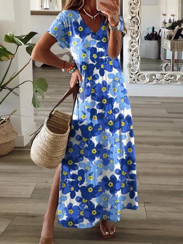 Flower Print V-Neck Short Sleeve Split Dress ins