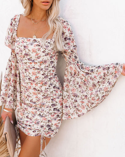 Graylynn Ruched Floral Bell Sleeve Dress