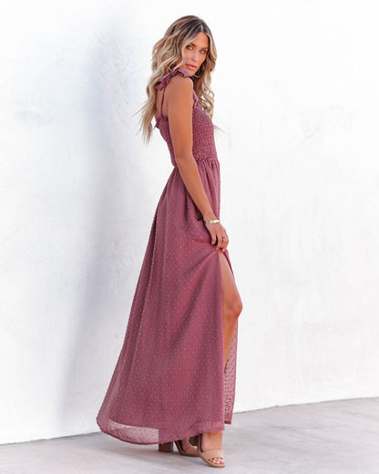 Hazelle Smocked Swiss Dot Maxi Dress - Dark Mauve