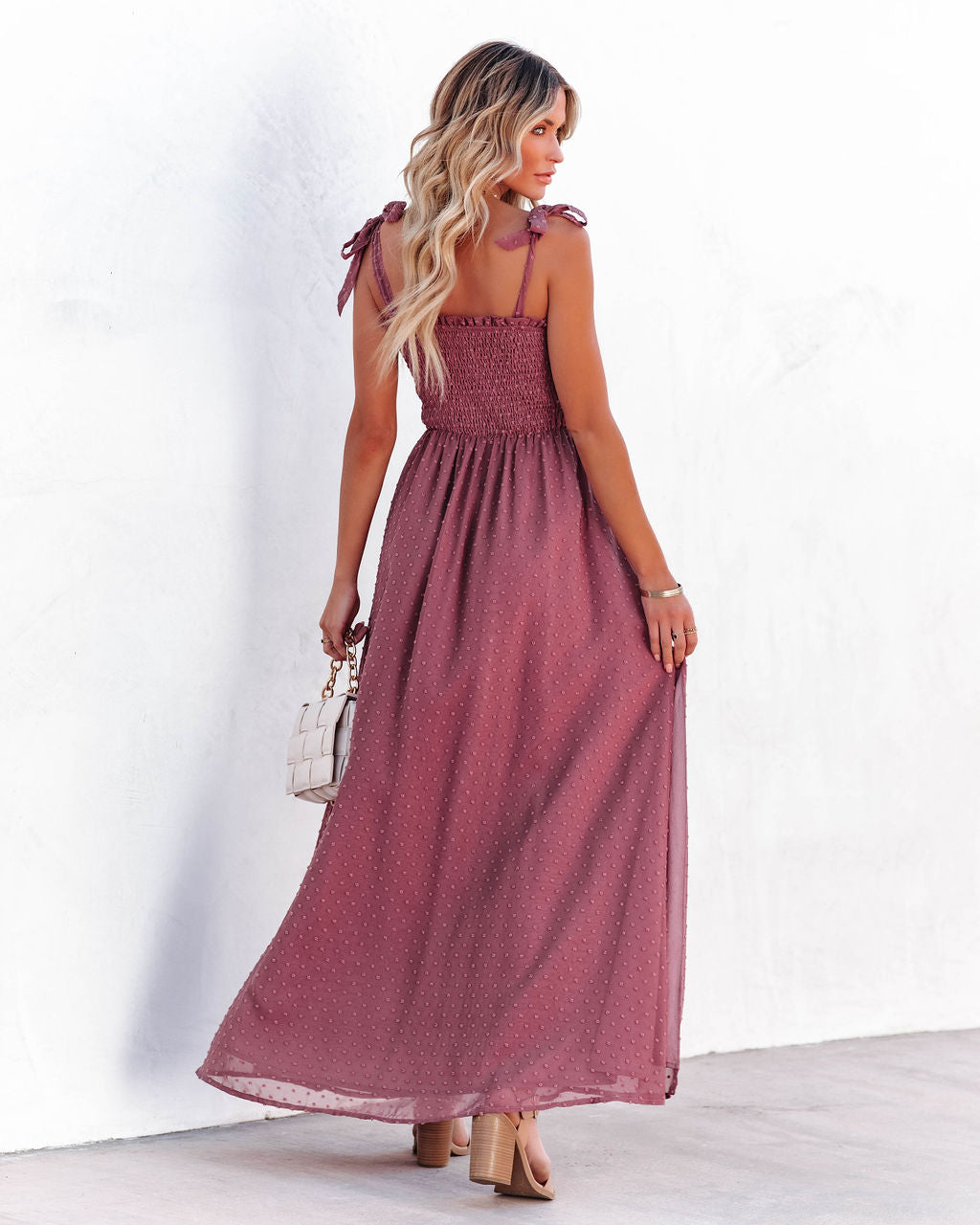 Hazelle Smocked Swiss Dot Maxi Dress - Dark Mauve