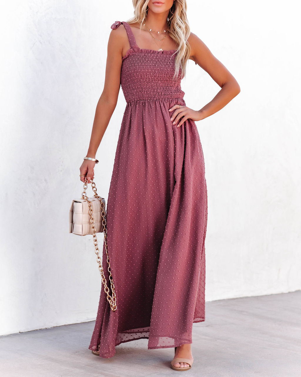 Hazelle Smocked Swiss Dot Maxi Dress - Dark Mauve