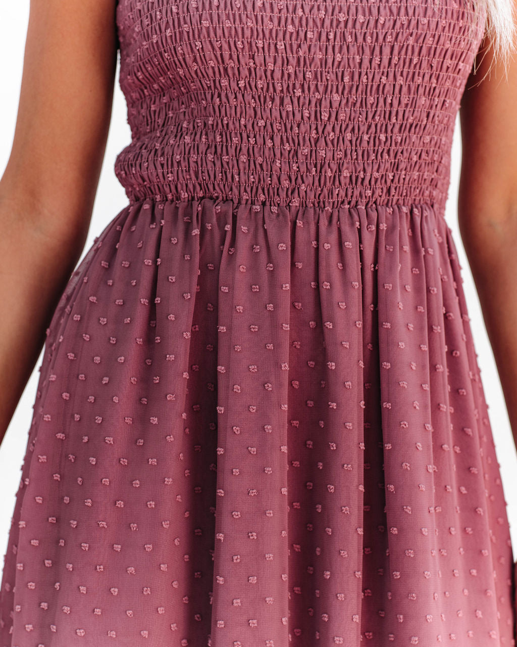 Hazelle Smocked Swiss Dot Maxi Dress - Dark Mauve