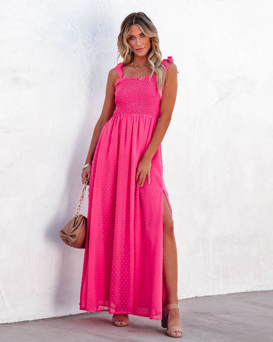 Hazelle Smocked Swiss Dot Maxi Dress - Fuchsia