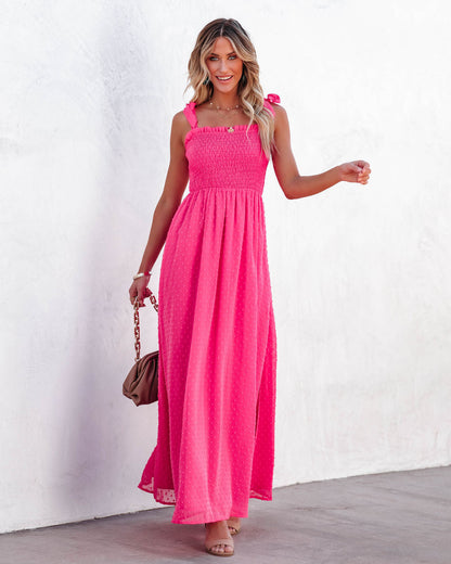 Hazelle Smocked Swiss Dot Maxi Dress - Fuchsia