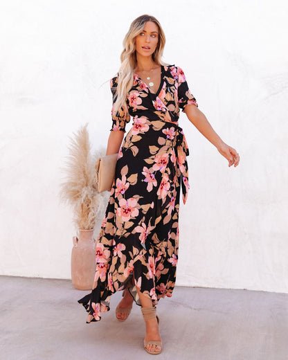 Kassidy Floral Wrap Maxi Dress - Black Multi