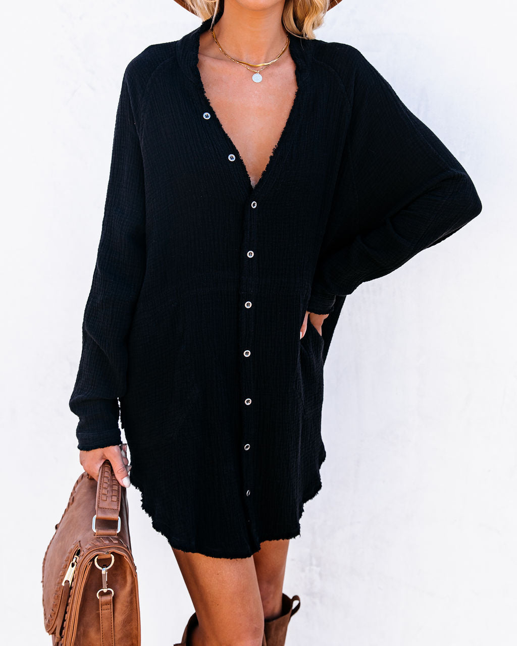 Kennedy Cotton Pocketed Button Down Tunic - Black - FINAL SALE