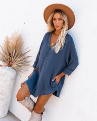 Kennedy Cotton Pocketed Button Down Tunic - Denim