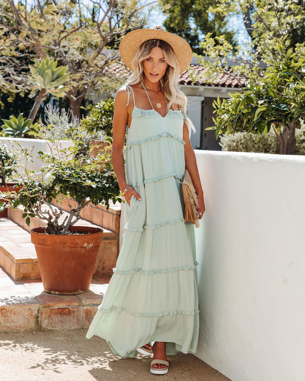 Leighton Pocketed Ruffle Tiered Maxi Dress - Misty Jade