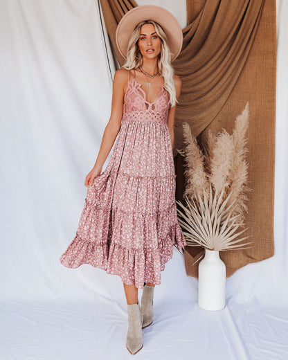 Let It Be Tiered Floral Lace Midi Dress - Mauve