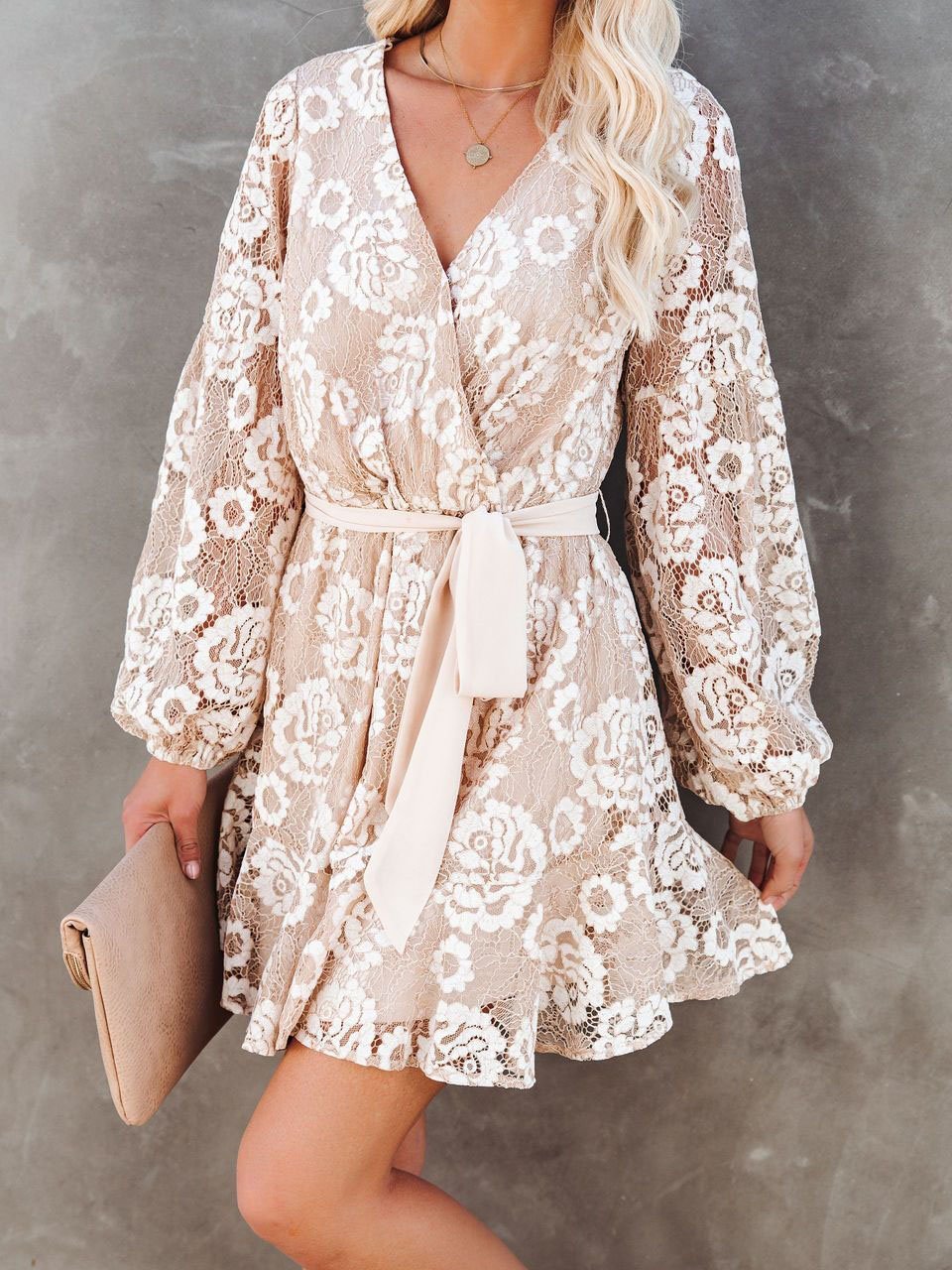 Long Sleeve Lace Printed Bohemian Ruffle Dress ins