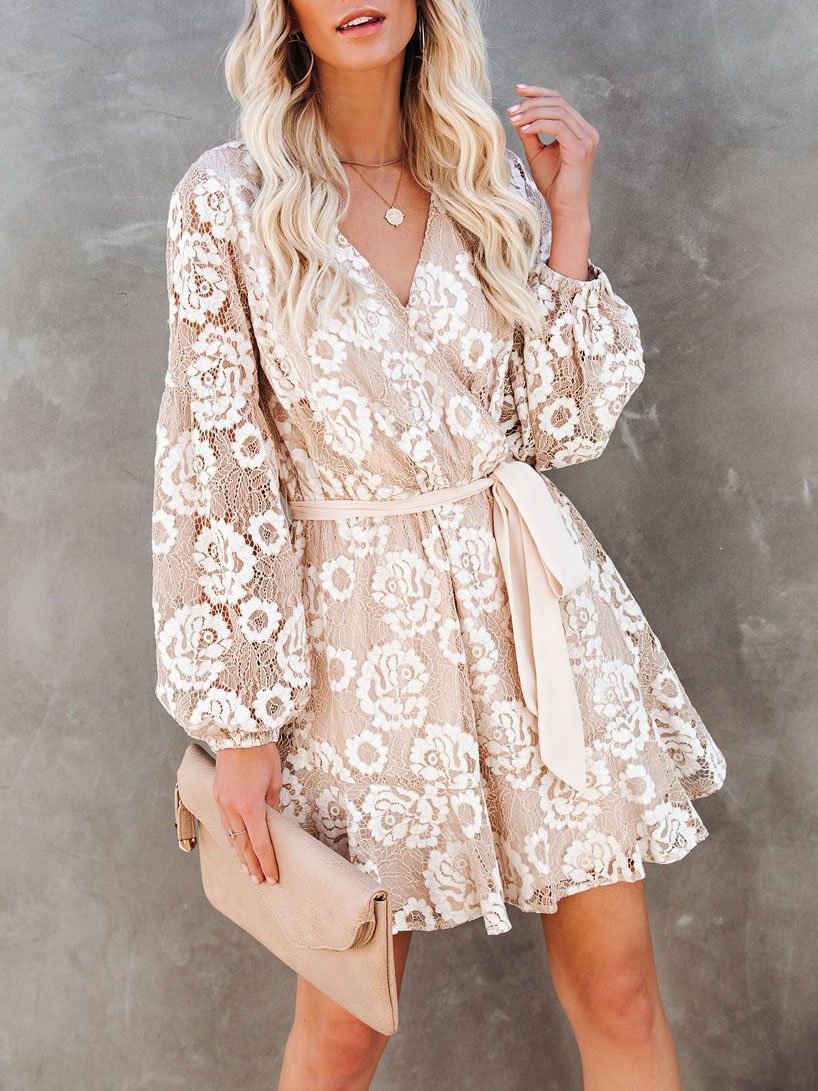 Long Sleeve Lace Printed Bohemian Ruffle Dress