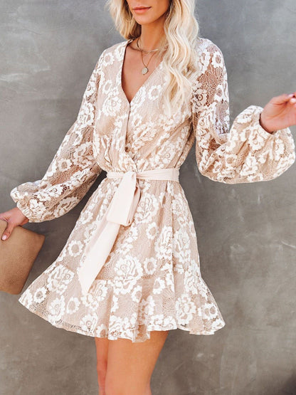 Long Sleeve Lace Printed Bohemian Ruffle Dress