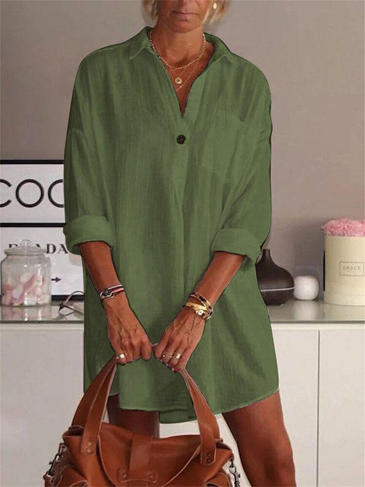 Loose V-Neck Long Sleeve Shirt Dress ins