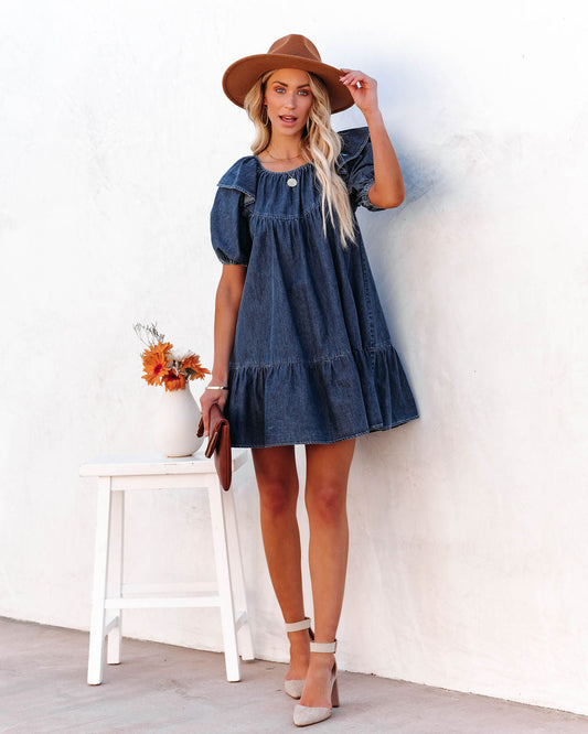 Luis Cotton Puff Sleeve Babydoll Dress - Dark Wash