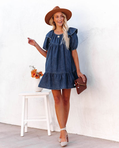 Luis Cotton Puff Sleeve Babydoll Dress - Dark Wash